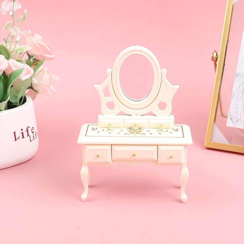 1:12 Dollhouse Toilet Table High Simulation Wooden Miniature Dressing Table with Mirror for Doll House Bedroom Furniture Decor