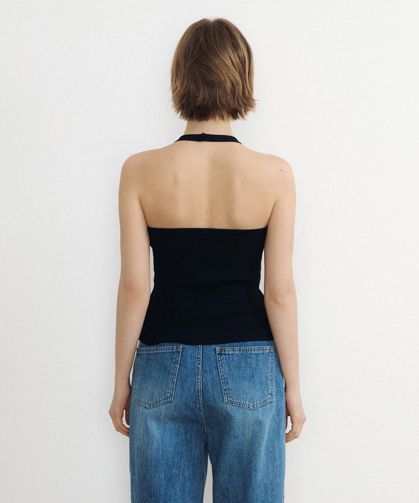 LUCIR ZU Airy Halter Knit Top (Black)