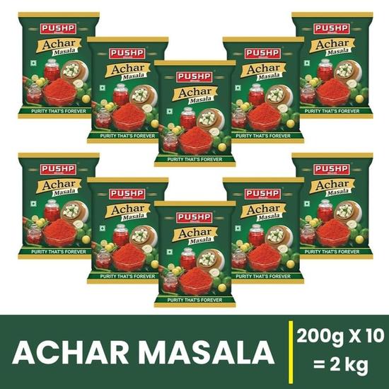 Pushp Brand Achar Masala Beutel (Packung mit 10 Stück, je 200 g, Packung)