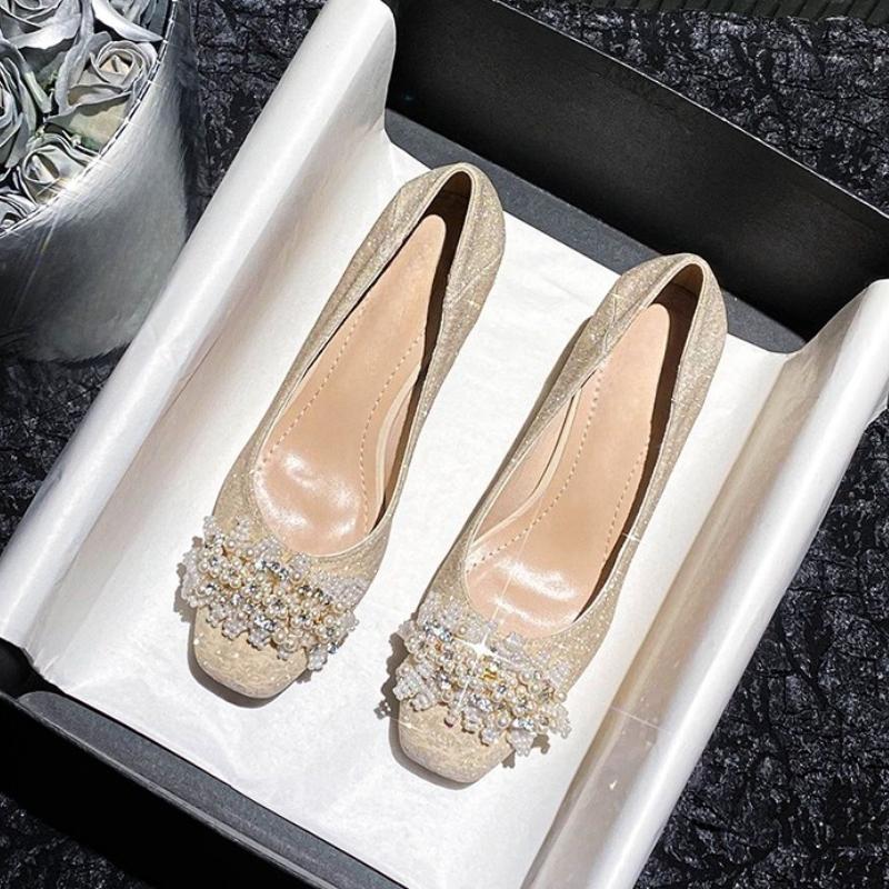 Fashion Elegant French Low Heel Single Shoes Women's Spring Autumn New Style Square Head Slip-On Thick Heel Matching Skirts Wedding New