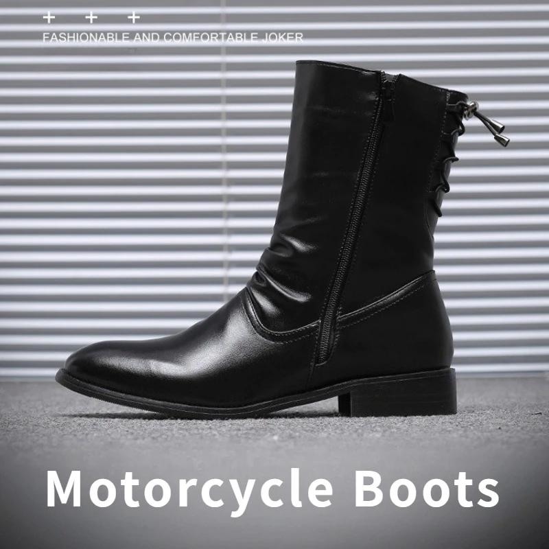 Męskie Skórzane Buty Wysokiej Jakości Czarne Buty Motocyklowe Projektanckie Punk Rock Średniej Długości Cholewka Buty Modne Buty Wysokie Botas Masculino
