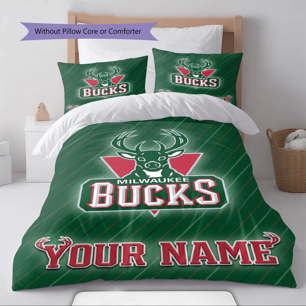 Name Custom Milwaukee Bucks Logo Pattern Bedding Set Quilt Cover Pillowcase Home Decor Gift (1 * Duvet Cover + 2 * Pillowcase, Without Core)