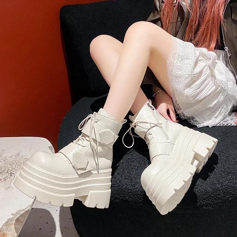 Fashion 10.5CM Winter Women Thick Sole Warm Fur Ankle Boots Platform Leather Motorcycle Boots High Heels Plush Chunky Punk Shoes Woman