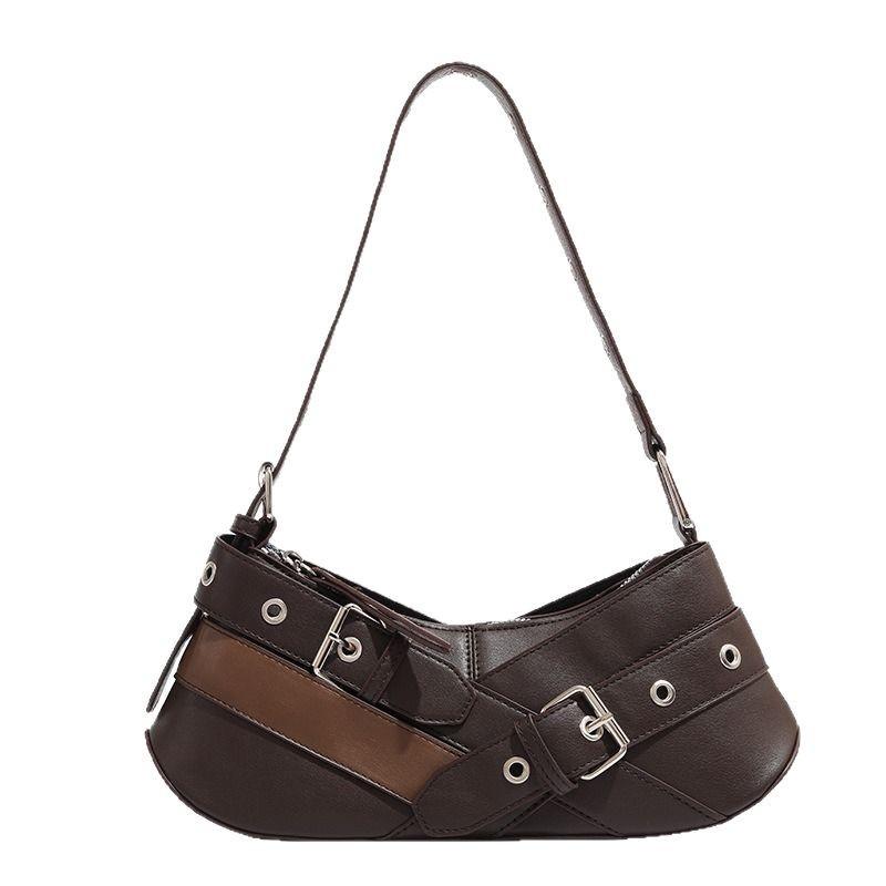Fashion Niche Retro Brown Black Hot Girl Underarm Bag Motorcycle Shoulder Bag Versatile Baguette Bag