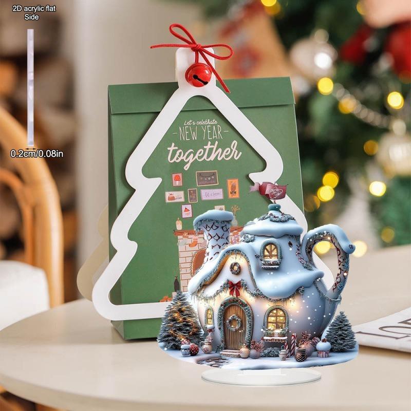 2D Flat Water Kettle Snow Hut Acrylic Desktop Decoratio, Christmas, with Base, Suitable for Wall Decoration, Porch, Room, Villa, Accents Home, Hallway