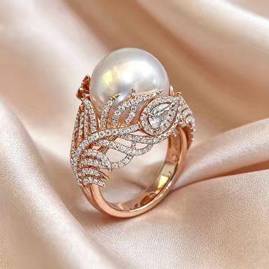 Europe, America, hot-selling new imitation pearl ring feather inlaid zircon ring European beautiful women jewelry