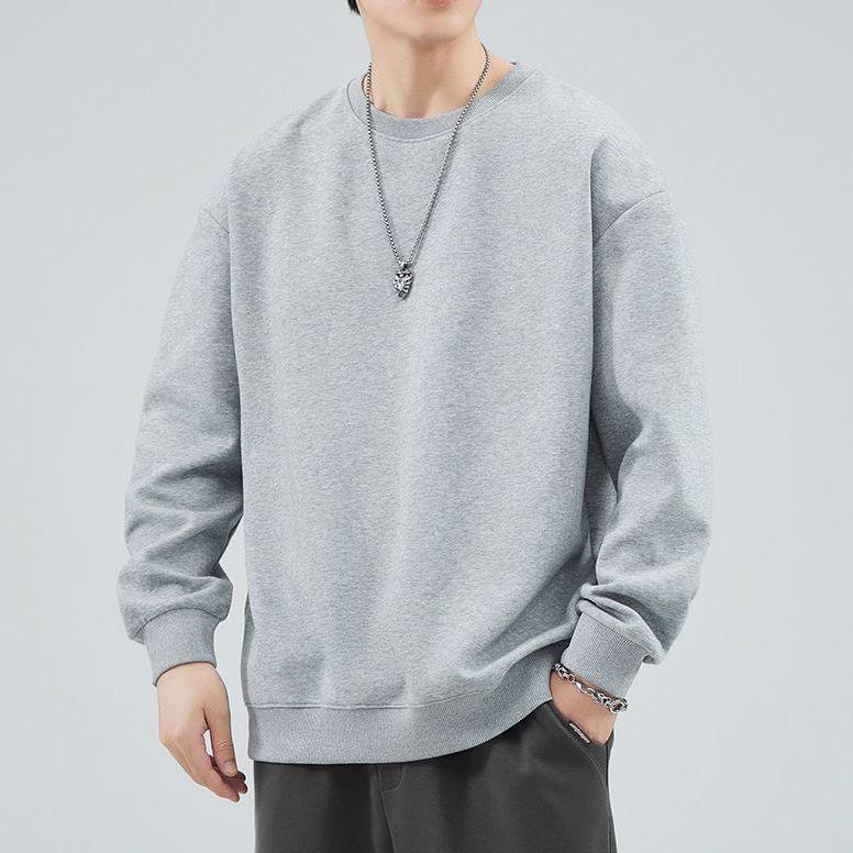 Pánský ležérní jednobarevný svetr s kulatým výstřihem a dlouhým rukávem v korejském stylu pro raný podzim