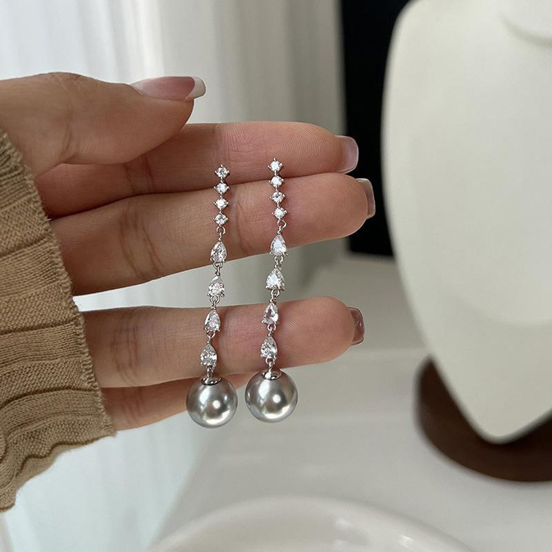 Solid Silver Zircon Long Pearl Earrings Light Luxury Personality Exquisite Jewelry Accessories Niche Simple High-end Earrings