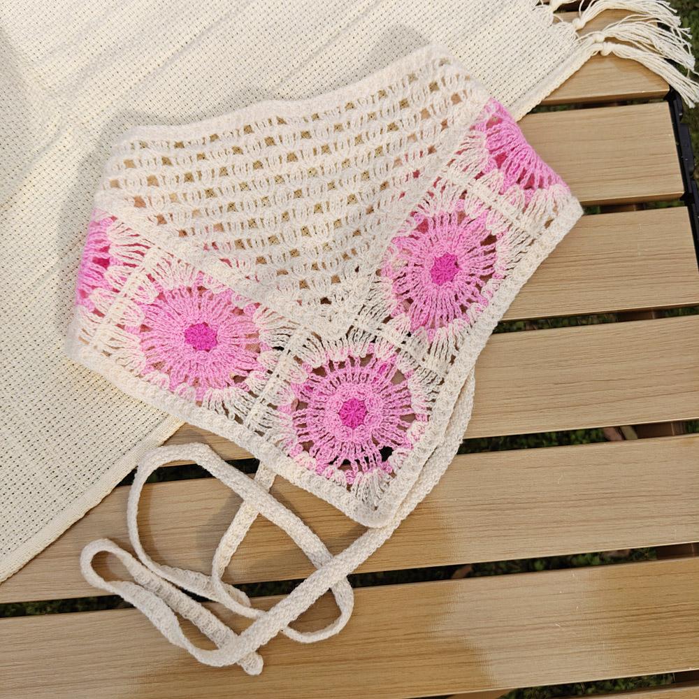 Retro Knitted Triangle Headband Handmade Crochet Hollow Floral Bandana French Sweet Hair Scarf Kerchief Korean Photo Headscarf