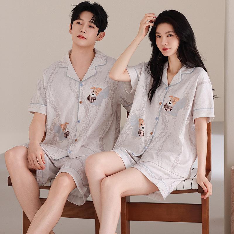 Pure Cotton Couple Pajamas Summer 1011 New Cartoon Cute Short-sleeved Shorts Can Be Worn Outside Men's and Women's Loungewear Suits