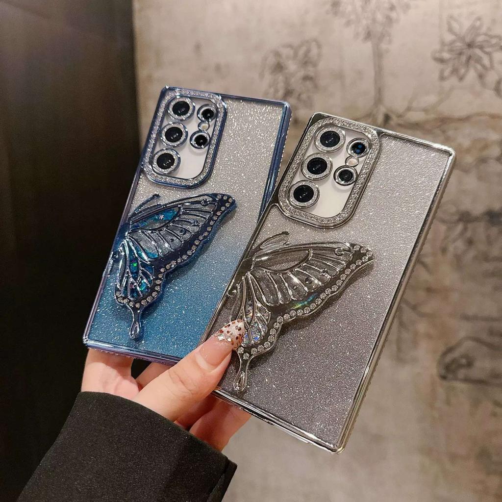 Suitable for Samsung S25ULTRA Electroplated Rhinestone Frame Glitter Butterfly Stand Mobile Phone Case A55 Full Inclusive Lens Film