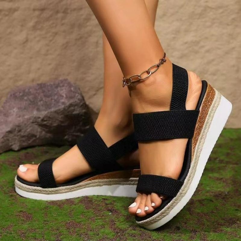 Women'S Sandals Wedge Platform Shoes Open Toe Solid Color Beach Shoes Hot Sale Non-Slip Sandals Slip On Elastic Fabric Sandals