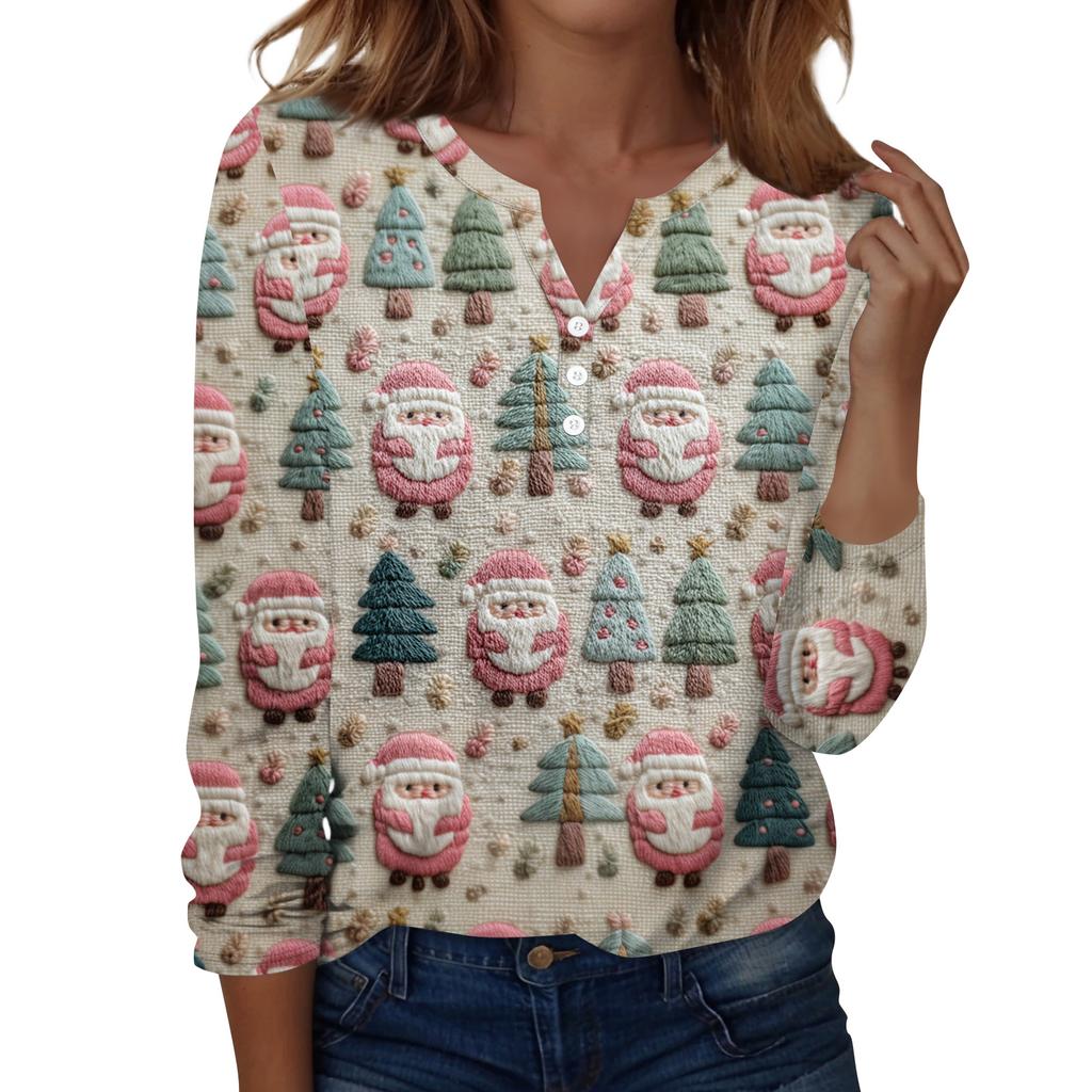 Women's Fashion Casual H Printed V-Neck Long Sleeve Decorative Button T-Shirt Tops