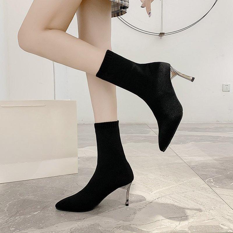 Fashion Knitted Sock Boots Autumn New Pointed Toe Sleeve Mesh Breathable Non-Slip Wear-Resistant Stiletto Heel Short Thigh Single Boots