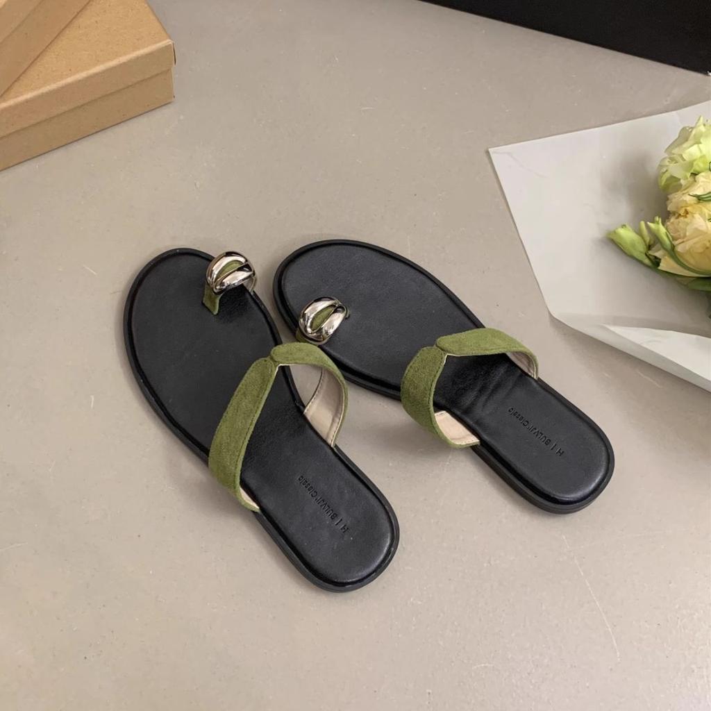 Niche Metal Set Toe Slippers Women's Outer Wear Summer New Korean Simple Casual Flat Sandals Seaside Beach Shoes