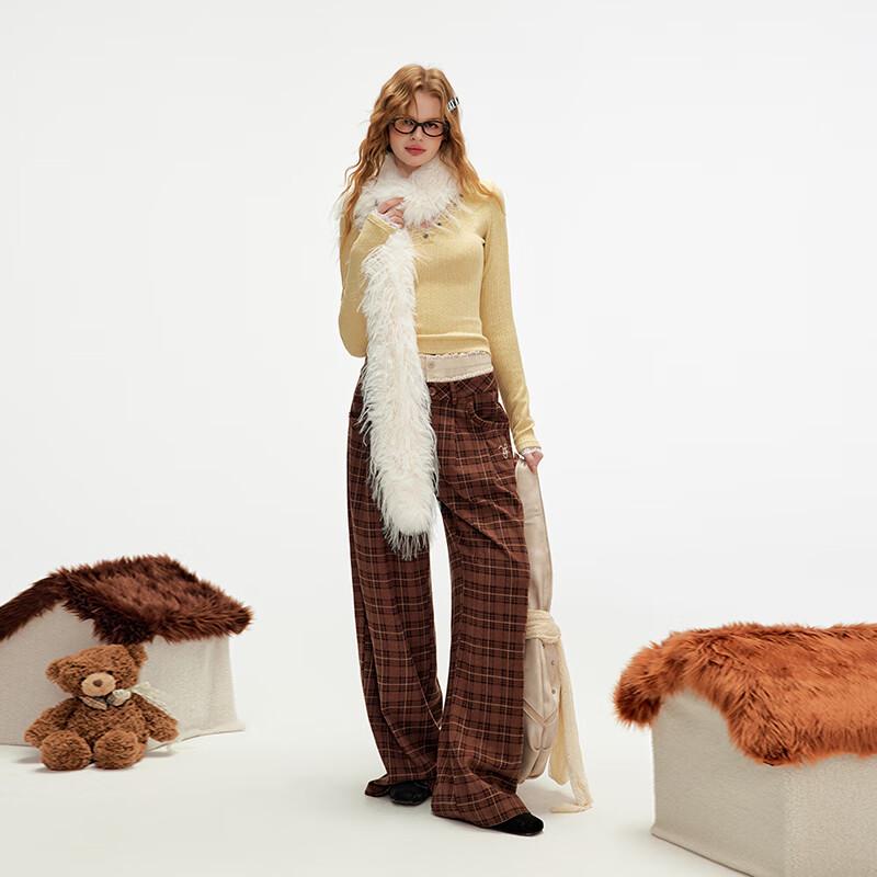 unifree Brushed Plaid Faux Two-Piece Straight-Leg Trousers