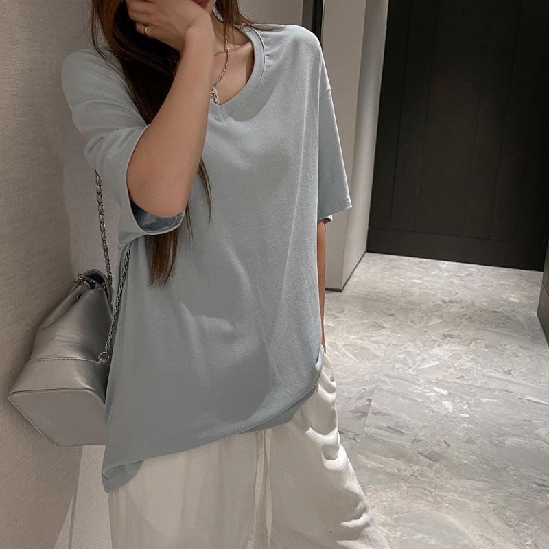 Women V Neck Short Sleeve T Shirt Casual Loose Fit Basic Tee