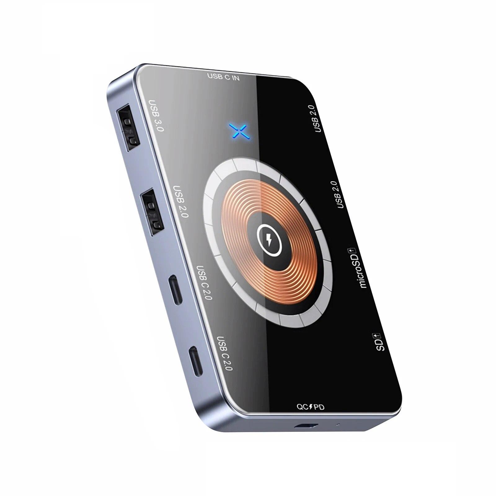 

9-в-1 USB C-концентратор 5 Гбит/с Тип C док-станция 15 Вт Беспроводная быстрая зарядка TF/SD кард-ридер QC/PD вход питания для телефона компьютера чёрный