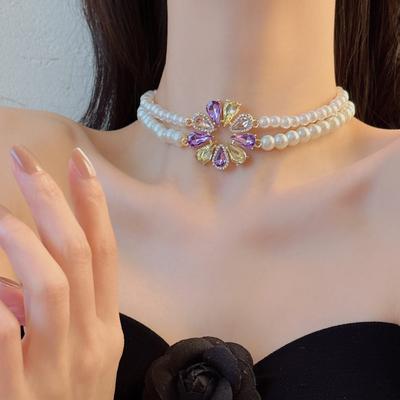 Color Diamond-encrusted Water Drop Flower Double-layer Pearl Necklace French Retro Niche Earrings Light Luxury Fashion Earrings