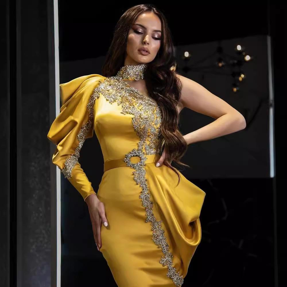 2025 Cross-Border European & American Women's Gold-Accented High-Neck Irregular Banquet Dress