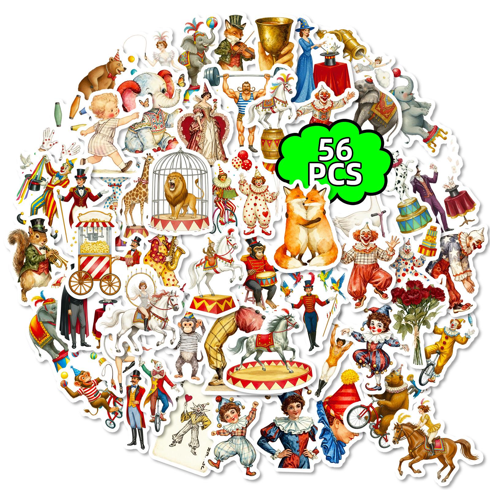 

New 56 Circus Vintage Cartoon Stickers Pack Clown Animal Show Elements Creative Stickers