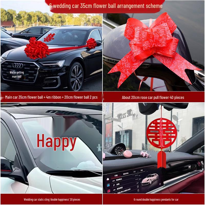 Complete Wedding Car Decoration Set: Escort Car Hood Flowers, Welcome Garland, Double Happiness Arrangement for a Festive Display