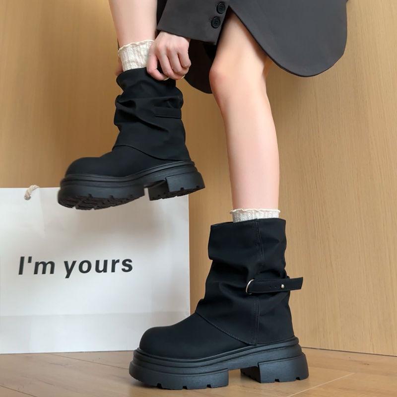 Thick-soled heightening Maillard British style Martin boots women's autumn new stacking boots tube boots short boots