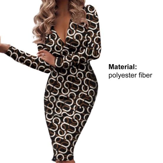 Deep V-Neck Long Sleeve Lady Dress Shirring Sequin Skinny Office Midi Dress for Daily Wear