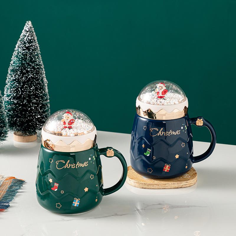 Santa Claus Ceramic Coffee Mug with Creative Snow Globe Lid Afternoon Tea Flower Tea Cup Home Breakfast Milk Mug Christmas Gift