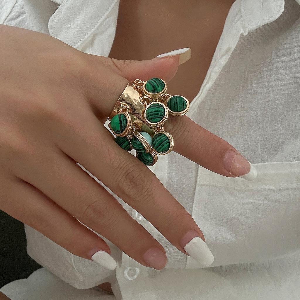 Colorful Stone Multi Pendant Tassel Bead Rings for Women Exaggerated Large Grunge Adjustable Finger Ring Geometric Jewelry Accessories Gift