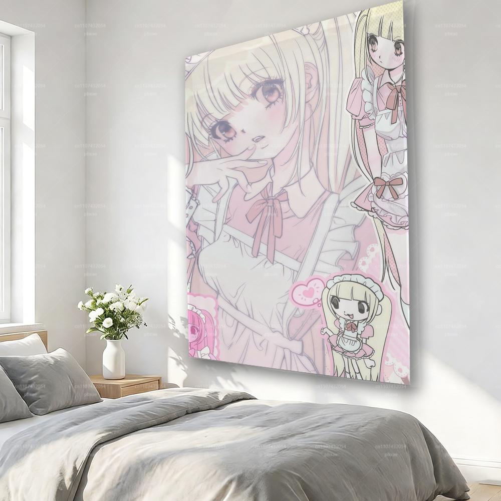 Y2K Kawaii Maid Anime Tapestry Cute Pink Aesthetic Wall Hanging for Harajuku Room Decor