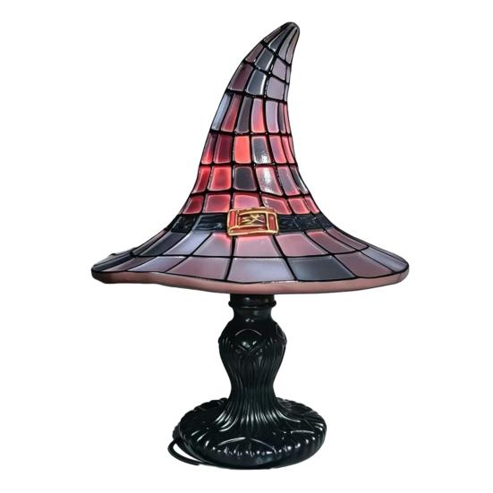 Decorative Desk Lamp Handcrafted Stained Glass Witch Hat Lamp, USB Powered Gothic Wizard Night Light, Retro Resin Accent with Purple Amber Mosaic,