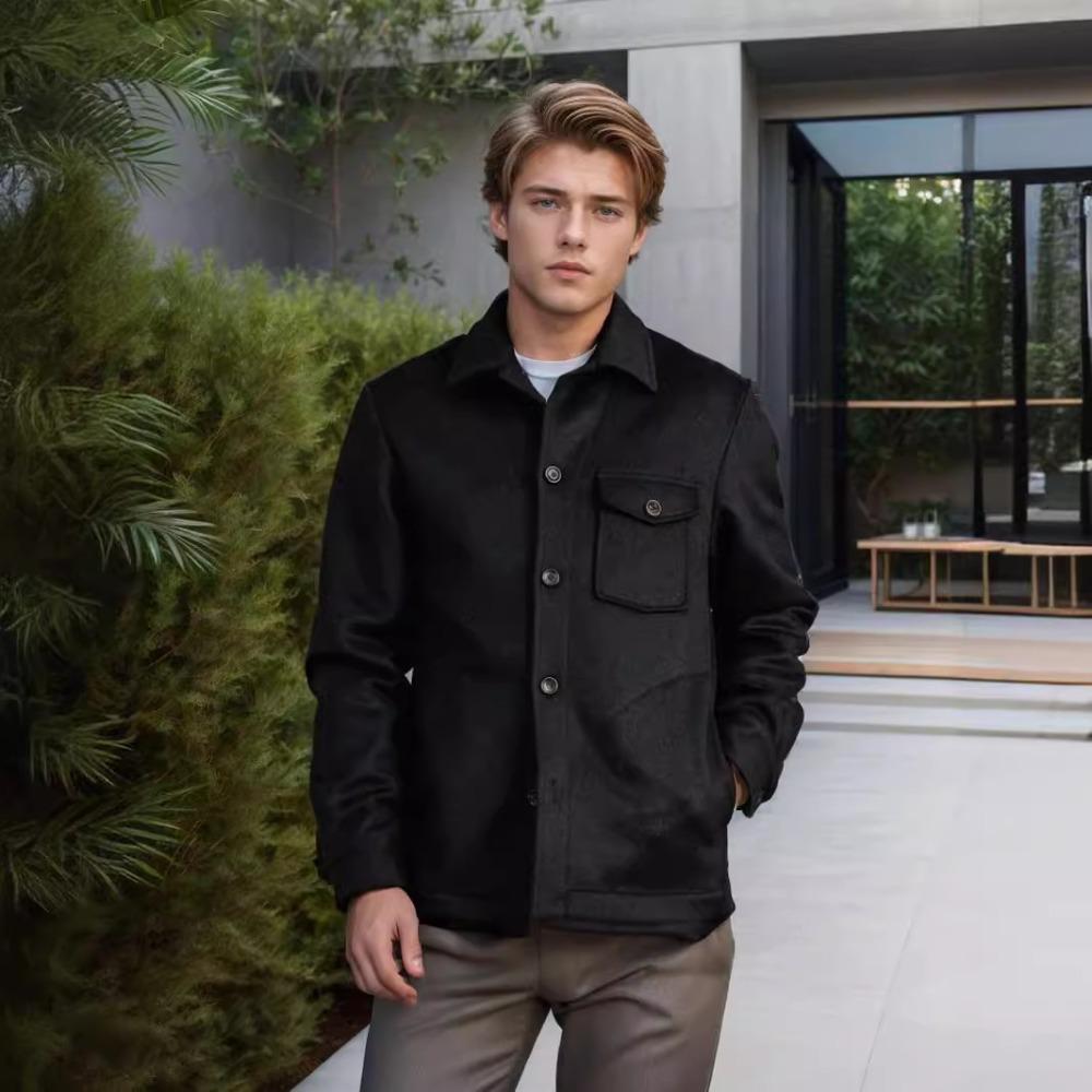 2024 Autumn and Winter New Men's Multi-pocket Woolen Coat Single-breasted Solid Color Woolen Coat Trench Coat