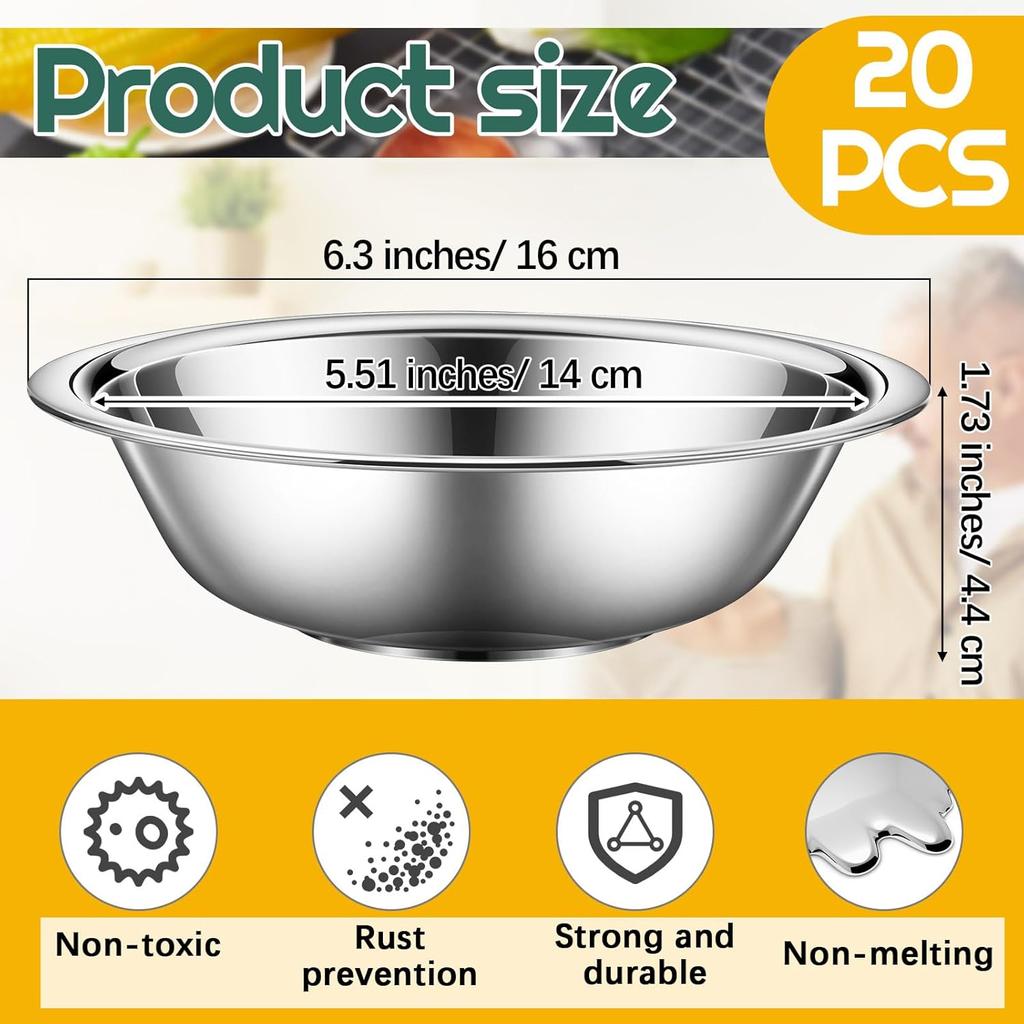 Tioncy 20 Pack Small Stainless Steel Bowls 6.3 Inch Wide Prep Bowls Stainless Steel Mixing Bowls Set for Kitchen Meal Prep Cooking Serving Baking