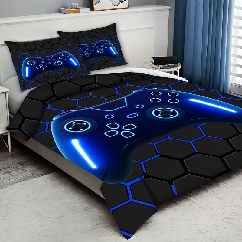 2/3Pcs Game Controller Pattern Duvet Cover Set Light Blue Trendy Digital Print Bedding with Zipper Machine Washable