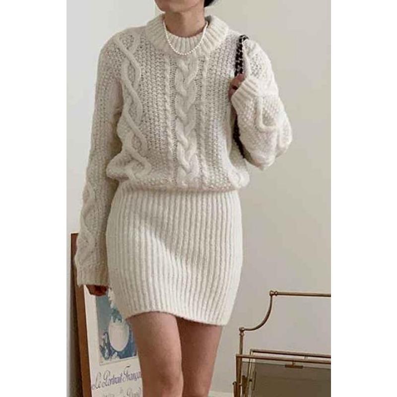 Herbst Winter Twist Elegant Damen Strickpullover Kleid Retro Lässig Locker Langarm Rundhals Pullover Kurze Kleider Büro Neue Slim Fit Kleidung