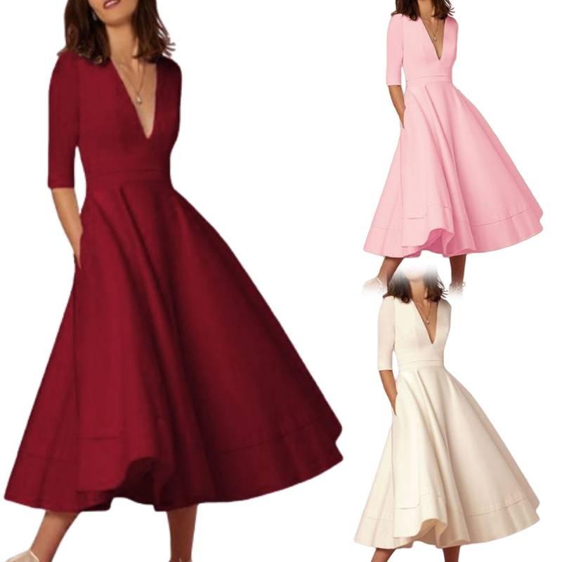 Robe élégante et décontractée en maille pour femme, avec col en V, disponible en plusieurs couleurs.