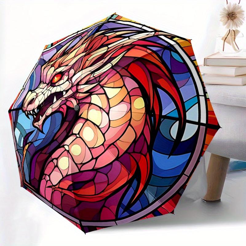 1pc Dragon StainedGlass Automatic Open/close Folding Compact Umbrella, 8-Rib Sturdy Canopy, Lightweight Portable, Everyday Use, Gift, Outdoor Umbrella