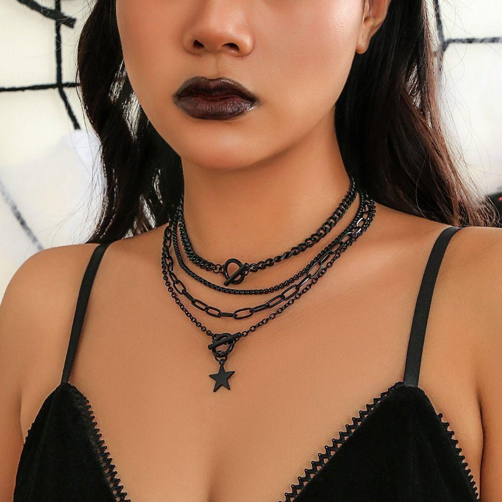 Multilayer Pendant Necklace Set Gothic Dark Hot Cool Neckchain Set New 4 Layer Necklaces  Women