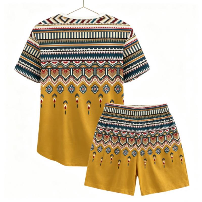 Summer Fashion Ethnic Style Geometric 3D Printed Round Neck Short Sleeved Kids T-Shirt And Shorts Set Boy's and Girl's T-shirt Shorts Set