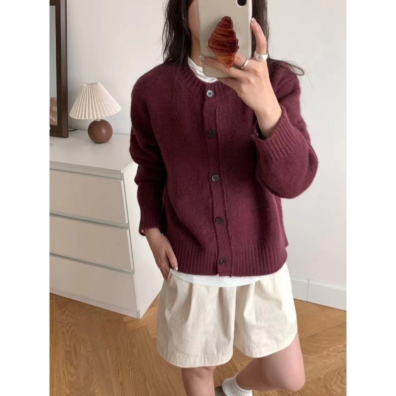 Real Shot Net Color Round Neck Loose Single-breasted Coat Women's Retro Simple Long-sleeved Cardigan Jacket Lazy Wind Top