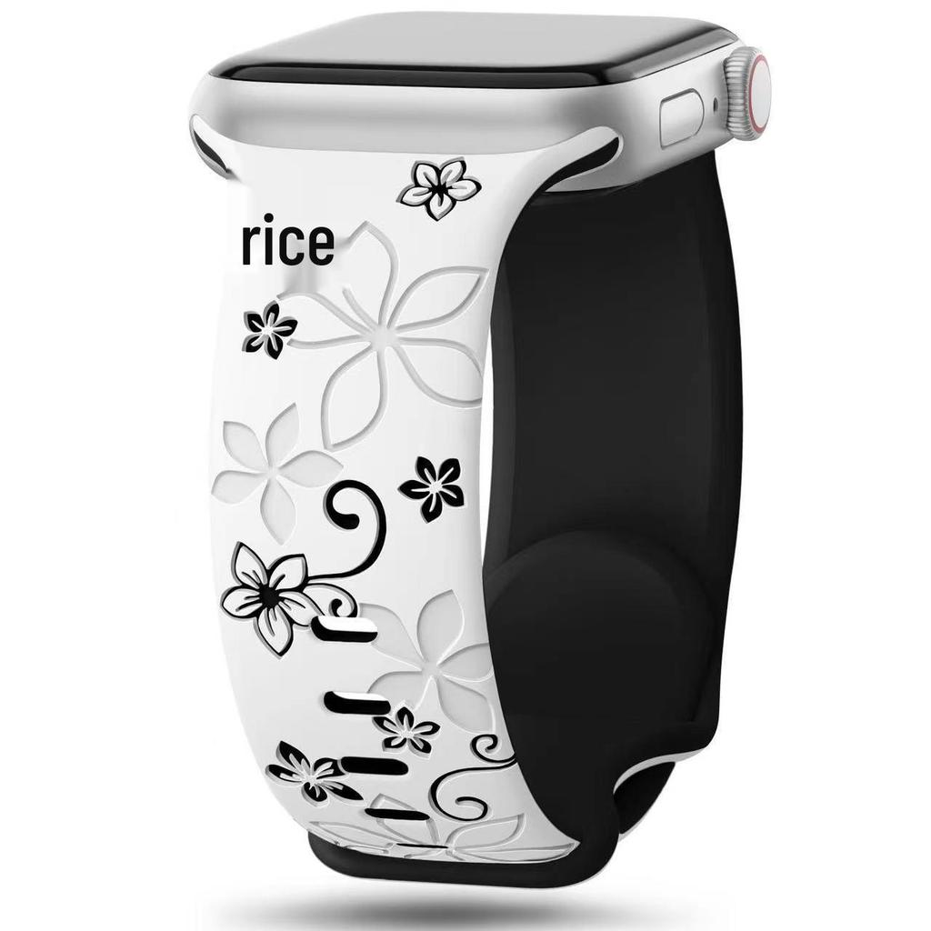 Embossed Floral Silicone Apple Watch Strap: Unisex, Sports, Two-Tone, Infinity Buckle.