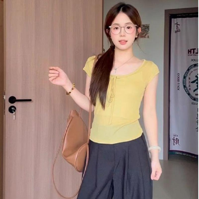 Korean Pure Desire Wind Shoulder Lace-up Short-sleeved T-shirt Women's Summer Niche Slim-fitting and Thin Short Top New