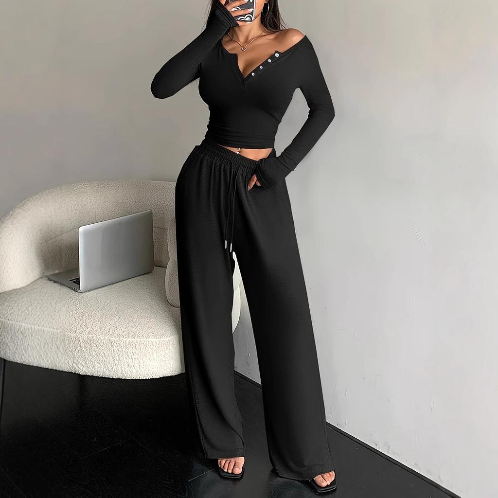 Women's Off Shoulder Button V Neck Cropped Long Sleeve Top Wide Leg Pants 2 Piece Loungewear Set