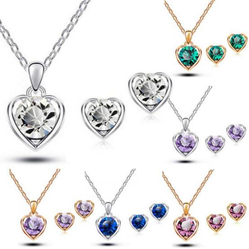 Women's Fashion Jewelry Heart Pendant Necklace Ear Studs Earrings Set