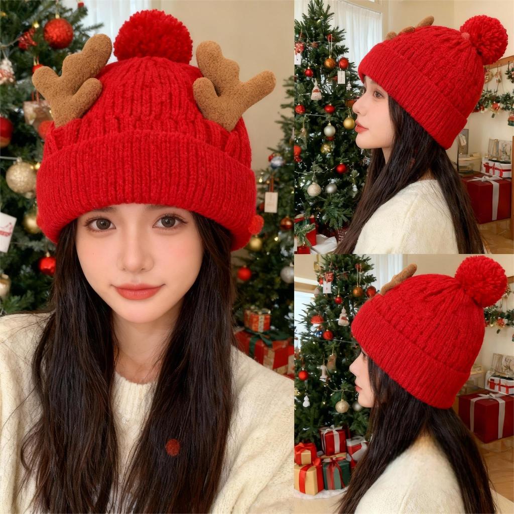 NUOLUX Women's Reindeer Antler Knit Hat, Warm Winter Hat, Christmas Hat, 56-62cm, Red