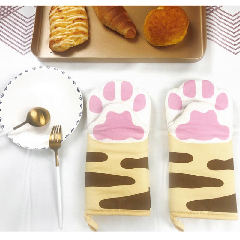 1PC Long Cotton Baking Insulation Microwave Heat Resistant Non-slip Gloves Cute Cartoon Cat Paws Oven Mitts Animal Design