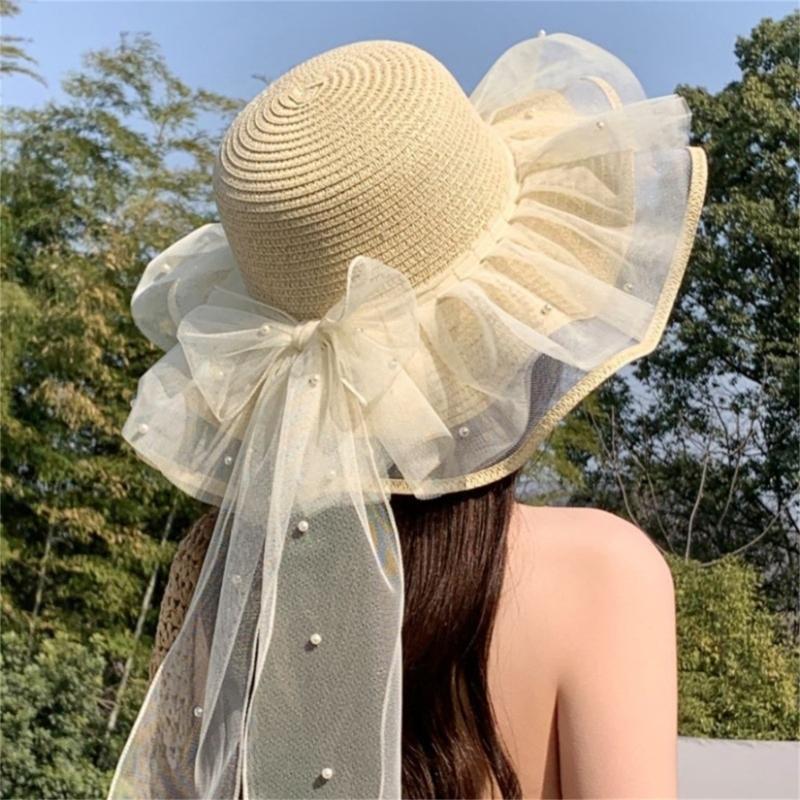 Elegant Sun Hat For Women Paper Straw Breathable And Foldable Lace Bowknot Wide Brims Panama Hat for Camping Travel