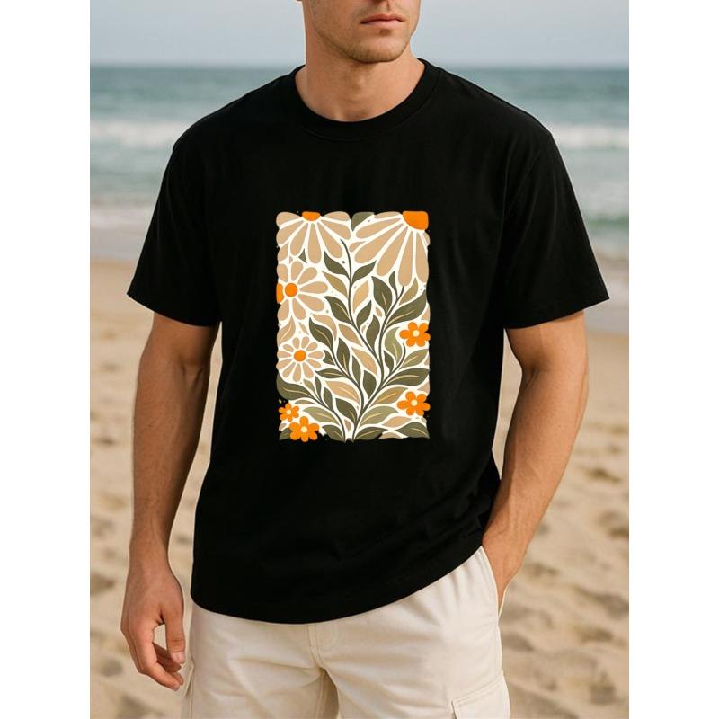 European Size Retro Floral Illustration | Gentle Retro Style All-season Comfortable T-shirt, Lightweight Round-neck Short-sleeved.Men'S T-shirt