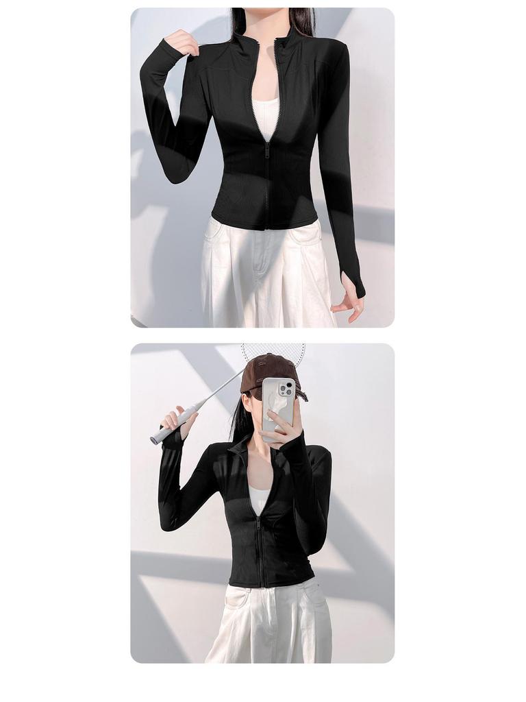 Dámská úzká žebrovaná bunda na jógu - Prodyšná, Ochrana proti slunci, Dlouhý rukáv pro venkovní fitness